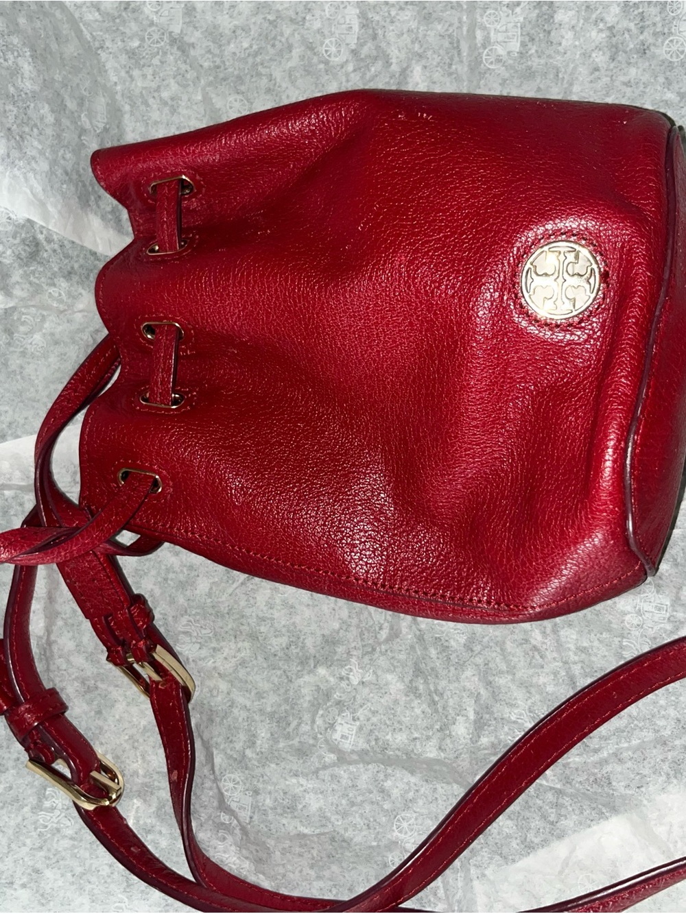 Tory Burch Red Leather Drawstring Mini Bucket Bag
